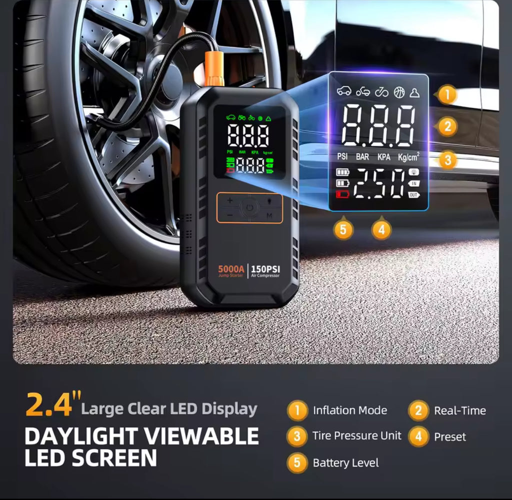 4-IN-1 Car Jump Starter with Air Compressor Peak 5000A Auto Battery Booster 150PSI Air Pump Portable Power Bank Tire Inflator