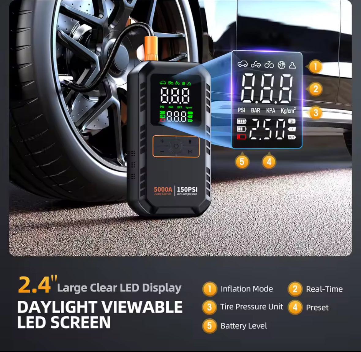 4-IN-1 Car Jump Starter with Air Compressor Peak 5000A Auto Battery Booster 150PSI Air Pump Portable Power Bank Tire Inflator