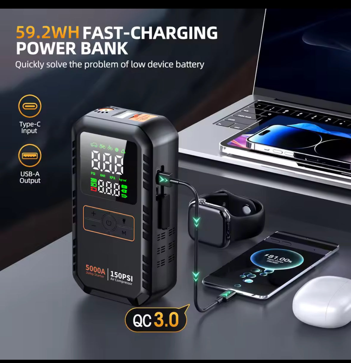 4-IN-1 Car Jump Starter with Air Compressor Peak 5000A Auto Battery Booster 150PSI Air Pump Portable Power Bank Tire Inflator