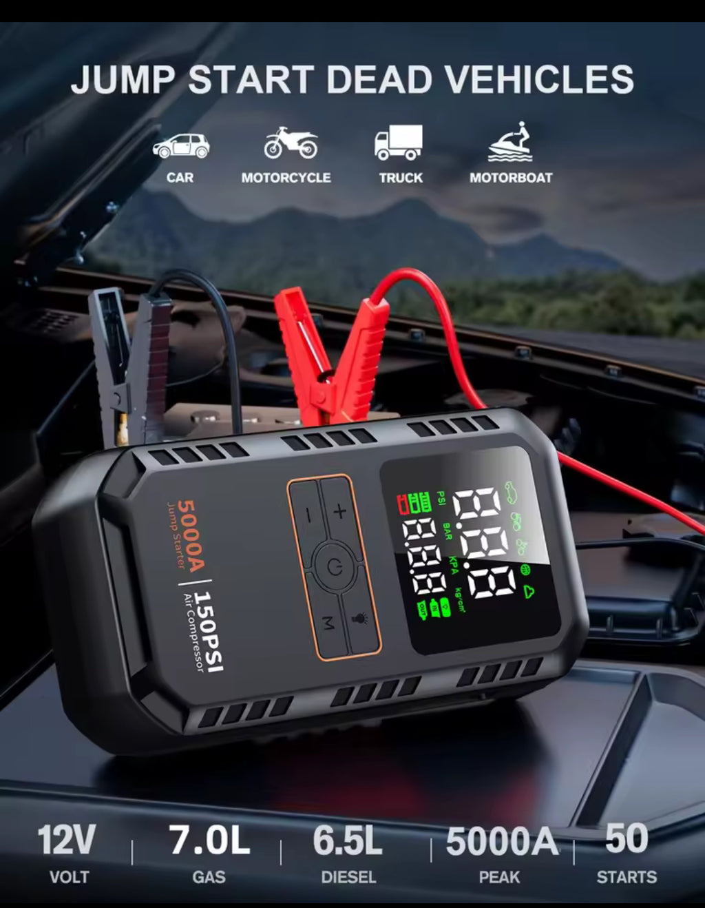 4-IN-1 Car Jump Starter with Air Compressor Peak 5000A Auto Battery Booster 150PSI Air Pump Portable Power Bank Tire Inflator