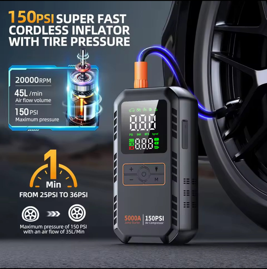 4-IN-1 Car Jump Starter with Air Compressor Peak 5000A Auto Battery Booster 150PSI Air Pump Portable Power Bank Tire Inflator
