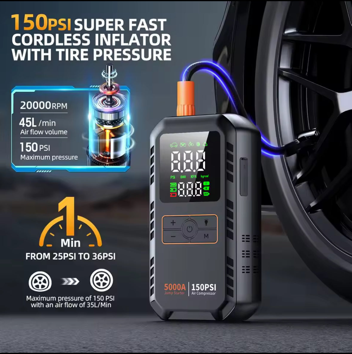 4-IN-1 Car Jump Starter with Air Compressor Peak 5000A Auto Battery Booster 150PSI Air Pump Portable Power Bank Tire Inflator